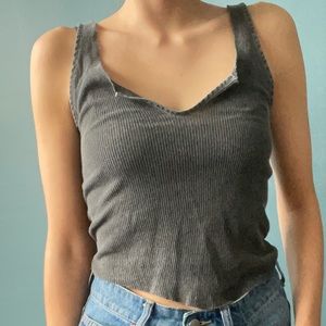 John Galt Dark Grey Raw-Hem V-Neck Crop Tank
